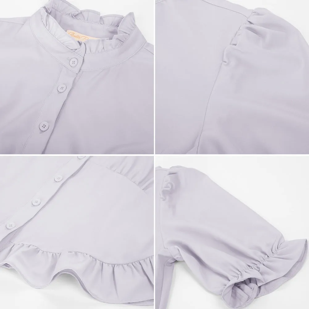 Ruffled Shirt Puffed Short Sleeve Stand Collar Button-up Blouse