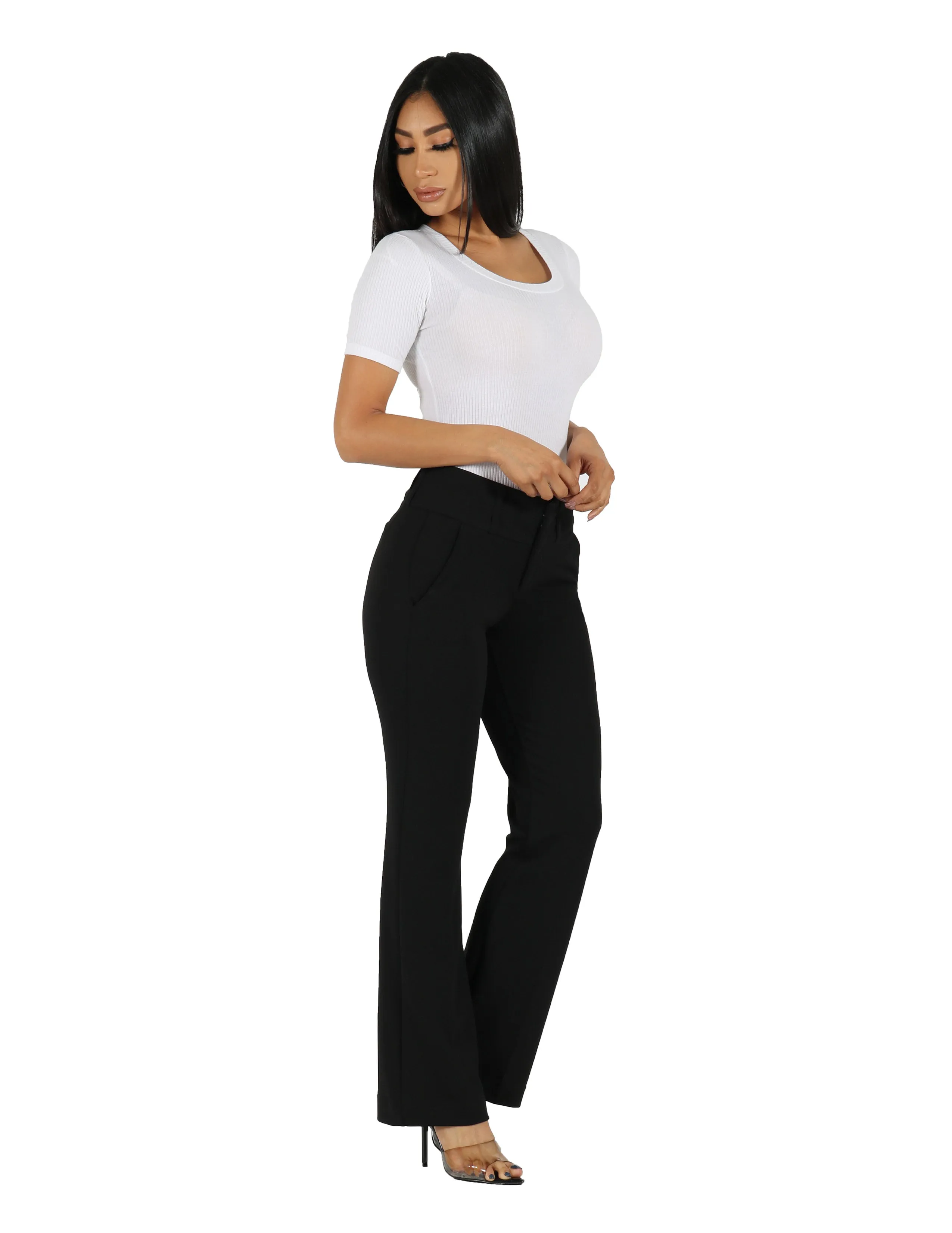 She's Got It Knit Crepe Wide Double Waistband Solid Trouser