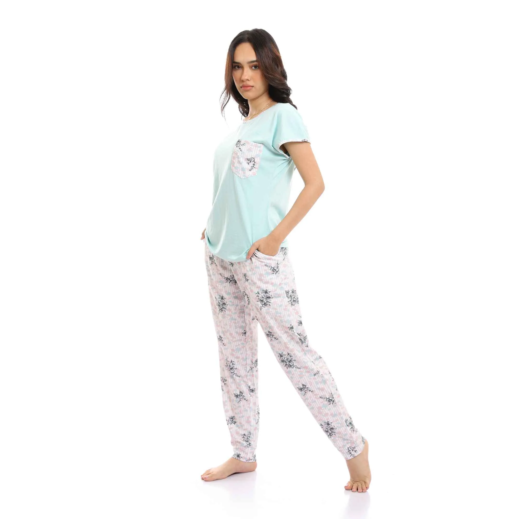 Short Sleeves Tee & Patterned Pants Pajama Set - Pastel Mint & Rose