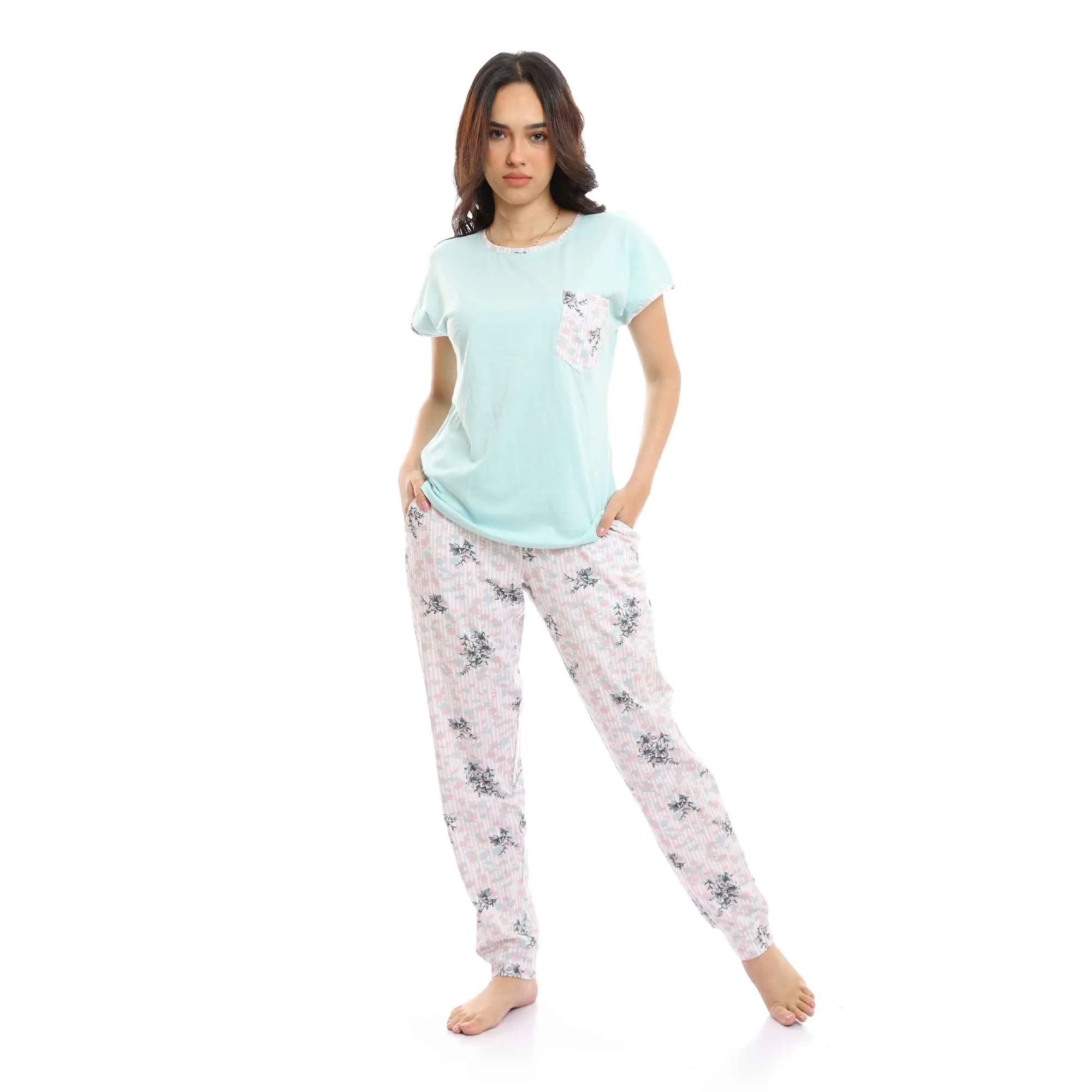 Short Sleeves Tee & Patterned Pants Pajama Set - Pastel Mint & Rose