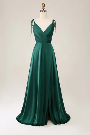 Simple Dark Green Spaghetti Straps Ruched Maxi Dress with Slit