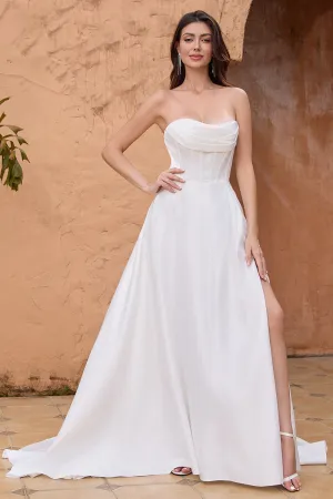 Simple White A Line Corset Strapless Sweep Train Wedding Dress with Slit