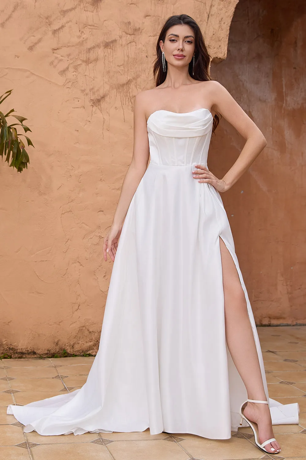 Simple White A Line Corset Strapless Sweep Train Wedding Dress with Slit