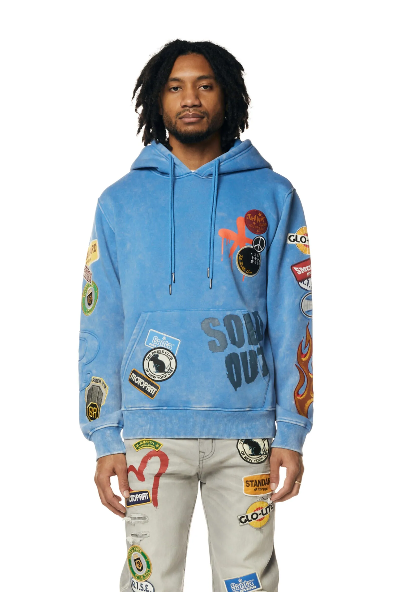 Smoke Rise Men's Multi Embroidered Patched Enzyme Washed Hooded Sweatshirt