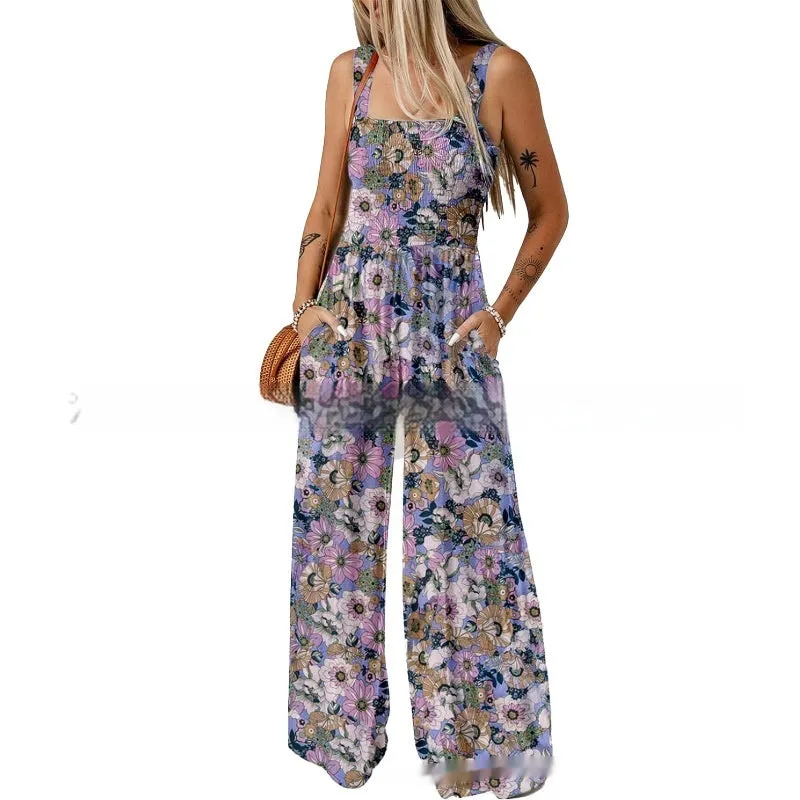 Spaghetti-strap Floral Print Overalls