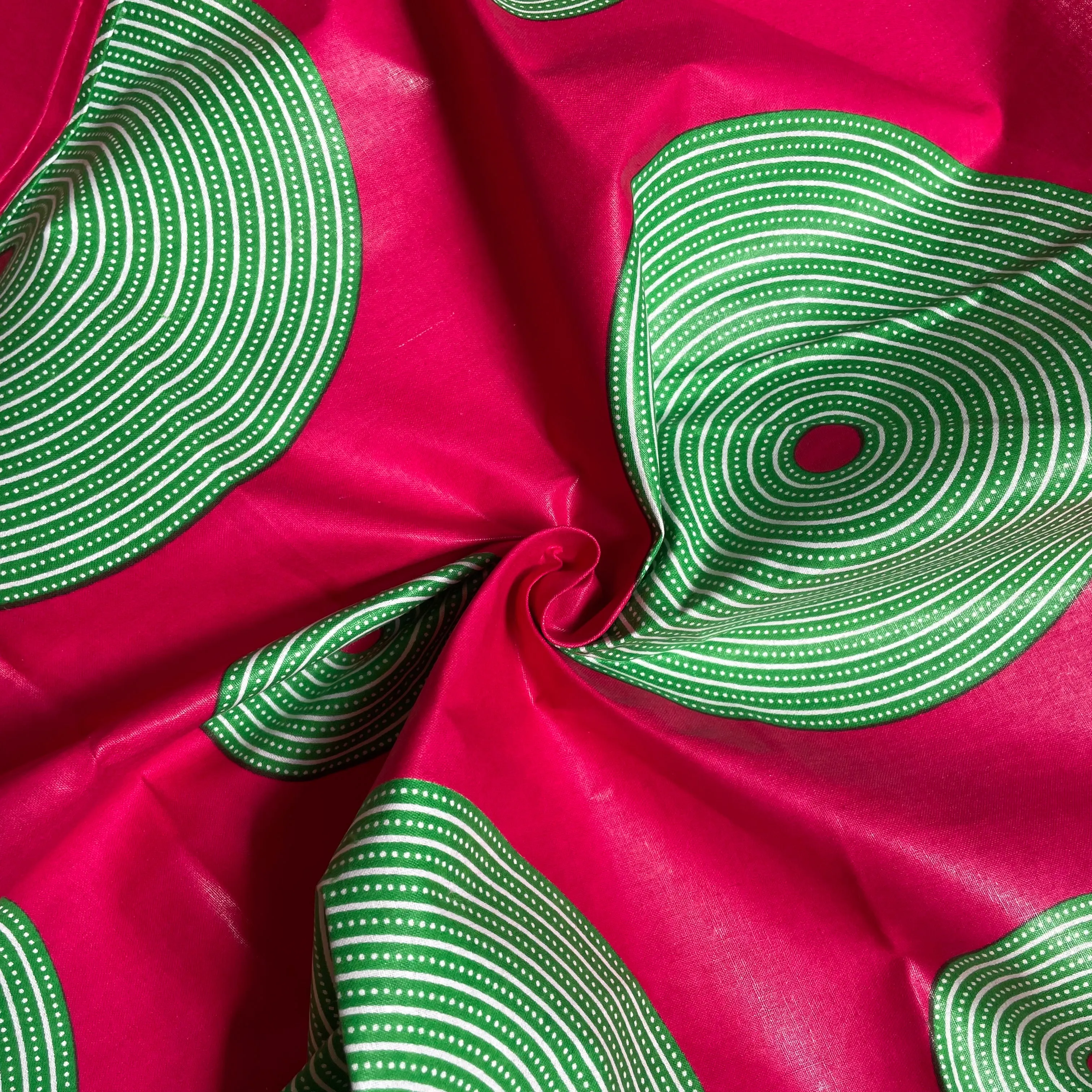 Wax Print Cotton - Green Disks on Pink