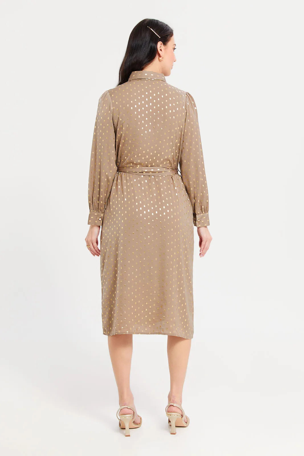 Women Beige Embellished Shirt Dress