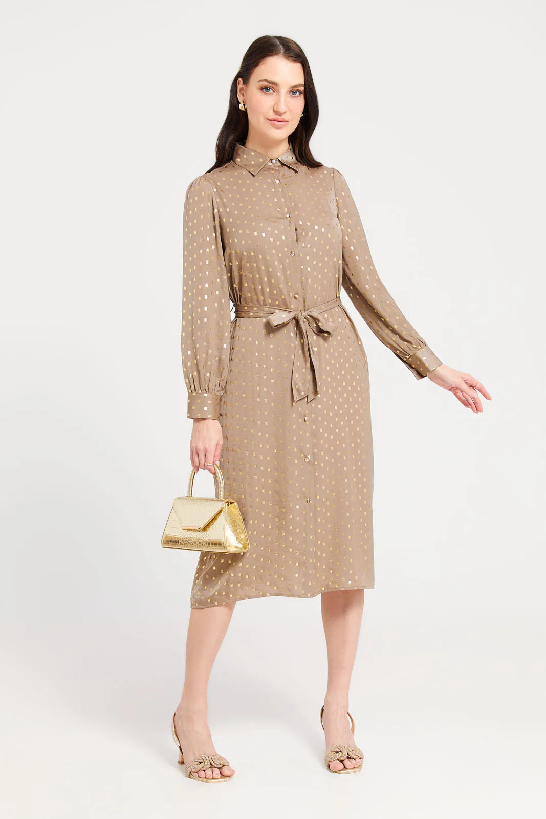 Women Beige Embellished Shirt Dress