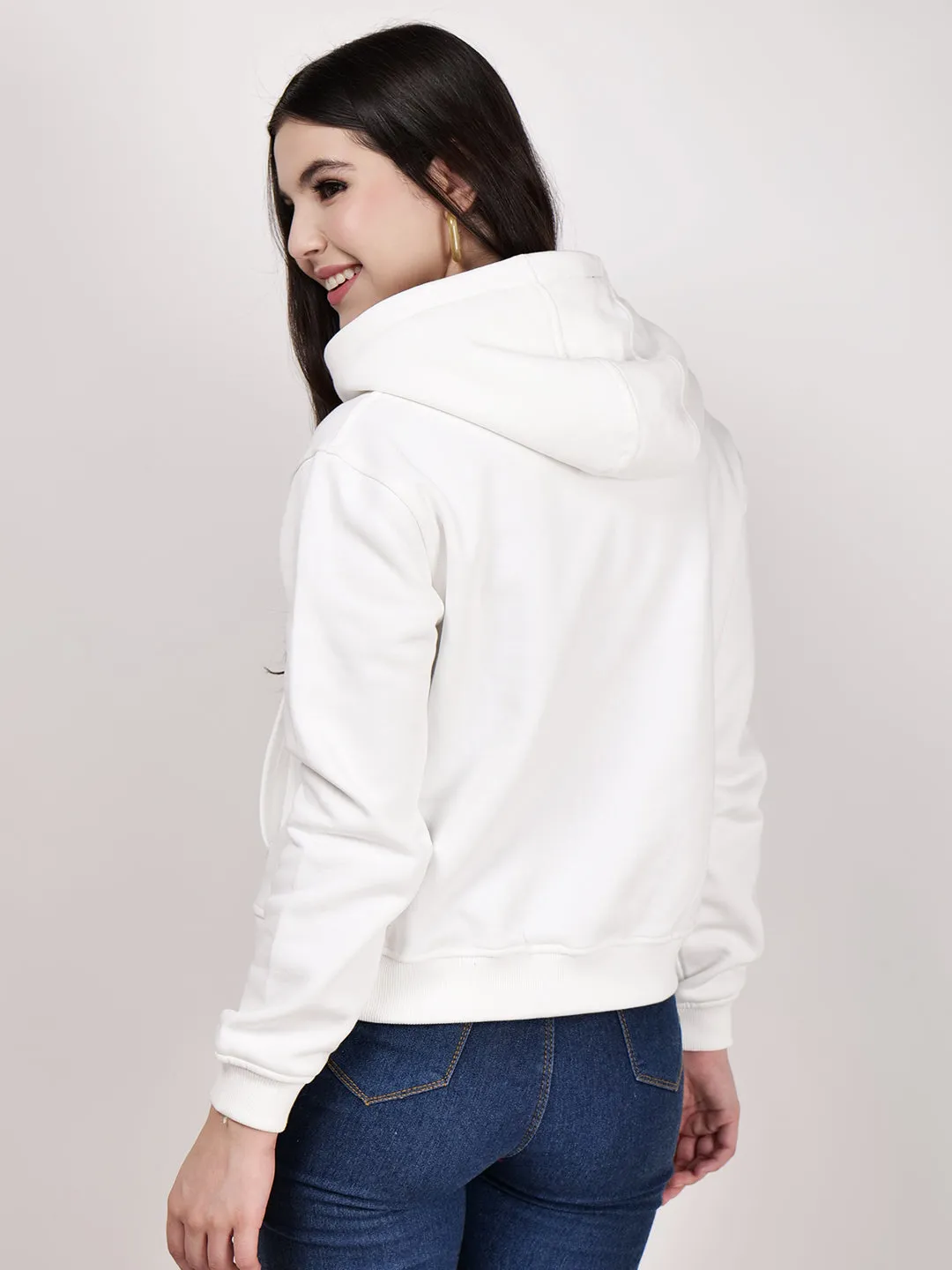 Women's Hooded Long Sleeves Cotton White Jacket