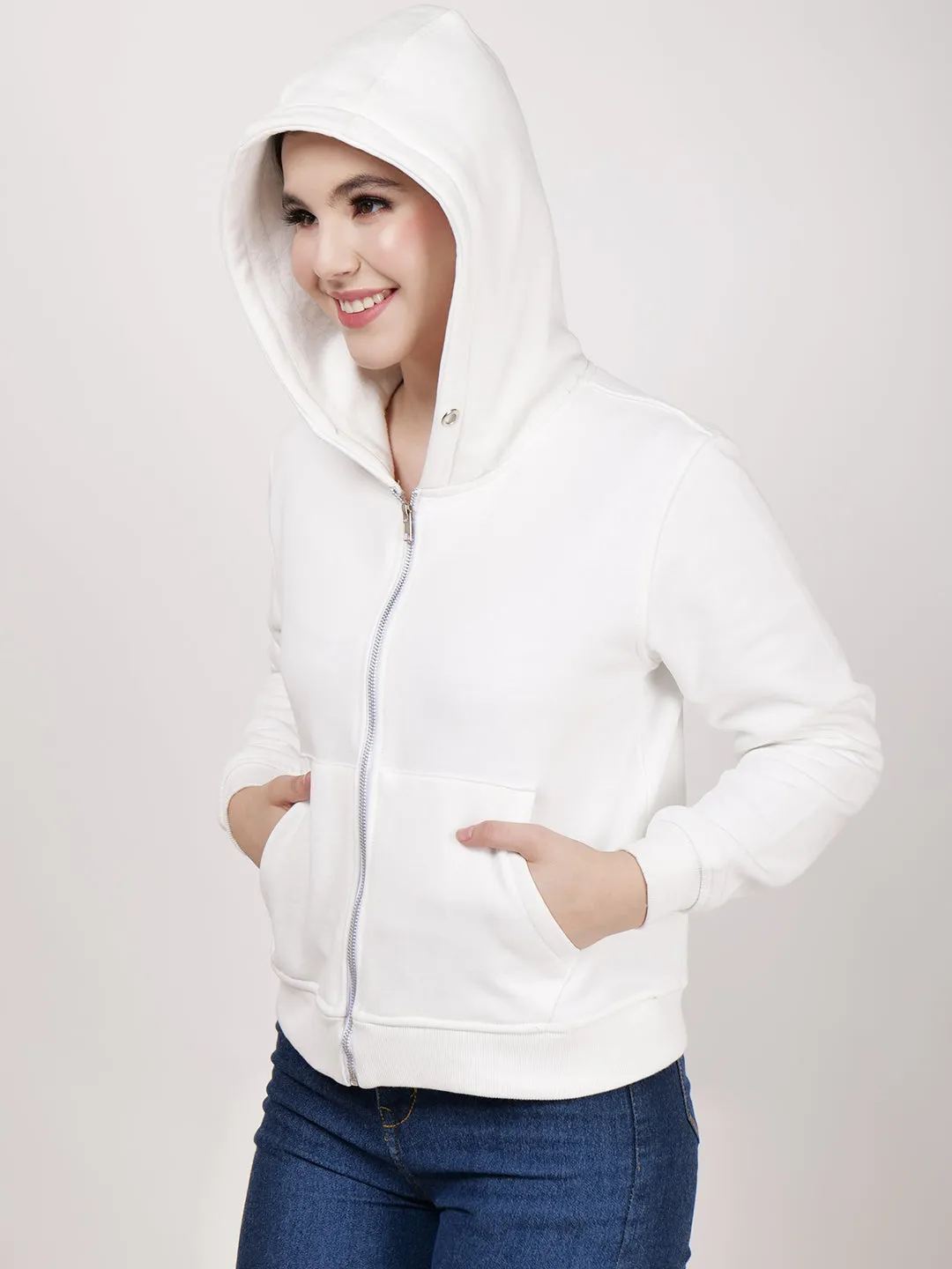 Women's Hooded Long Sleeves Cotton White Jacket