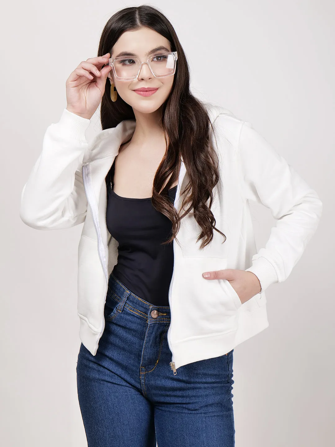 Women's Hooded Long Sleeves Cotton White Jacket