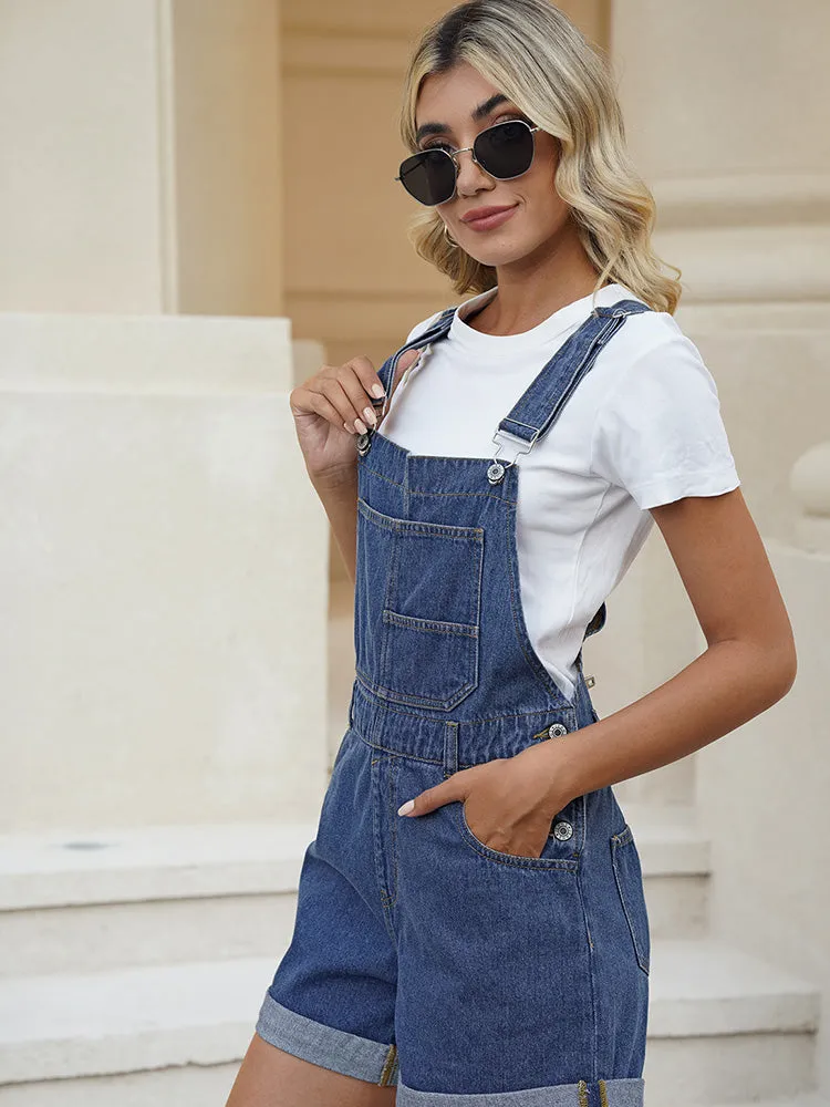 Women's Shorts Denim Bib Overalls Cuffed Hem Shorts Romper