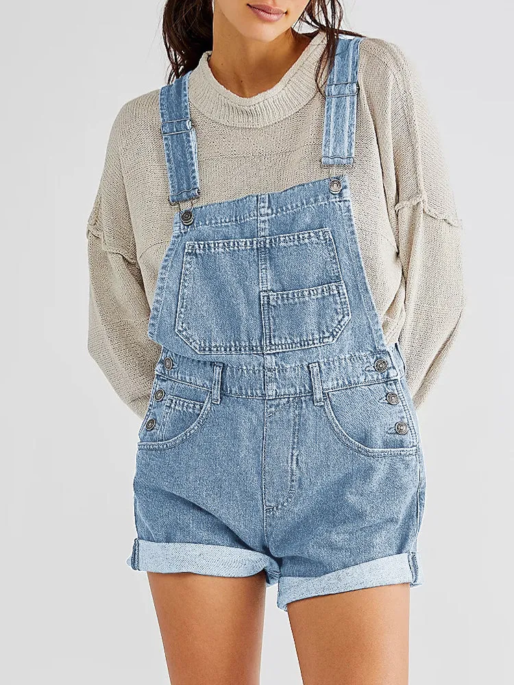 Women's Shorts Denim Bib Overalls Cuffed Hem Shorts Romper