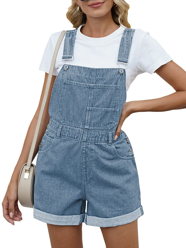 Women's Shorts Denim Bib Overalls Cuffed Hem Shorts Romper