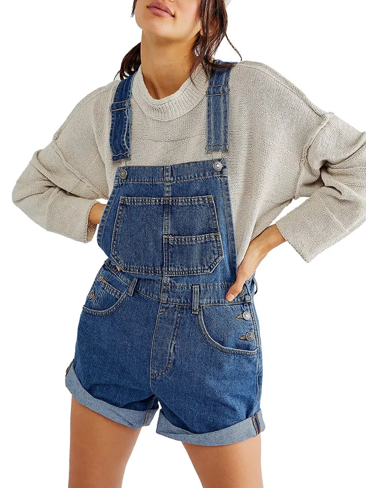 Women's Shorts Denim Bib Overalls Cuffed Hem Shorts Romper