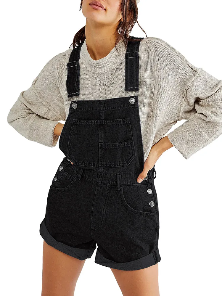 Women's Shorts Denim Bib Overalls Cuffed Hem Shorts Romper