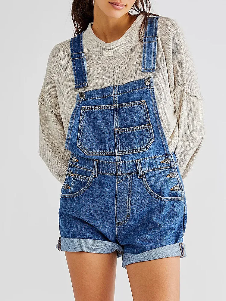 Women's Shorts Denim Bib Overalls Cuffed Hem Shorts Romper