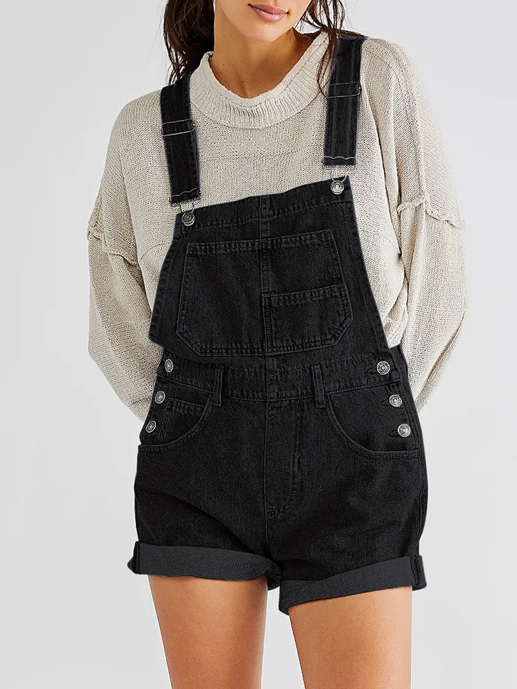 Women's Shorts Denim Bib Overalls Cuffed Hem Shorts Romper