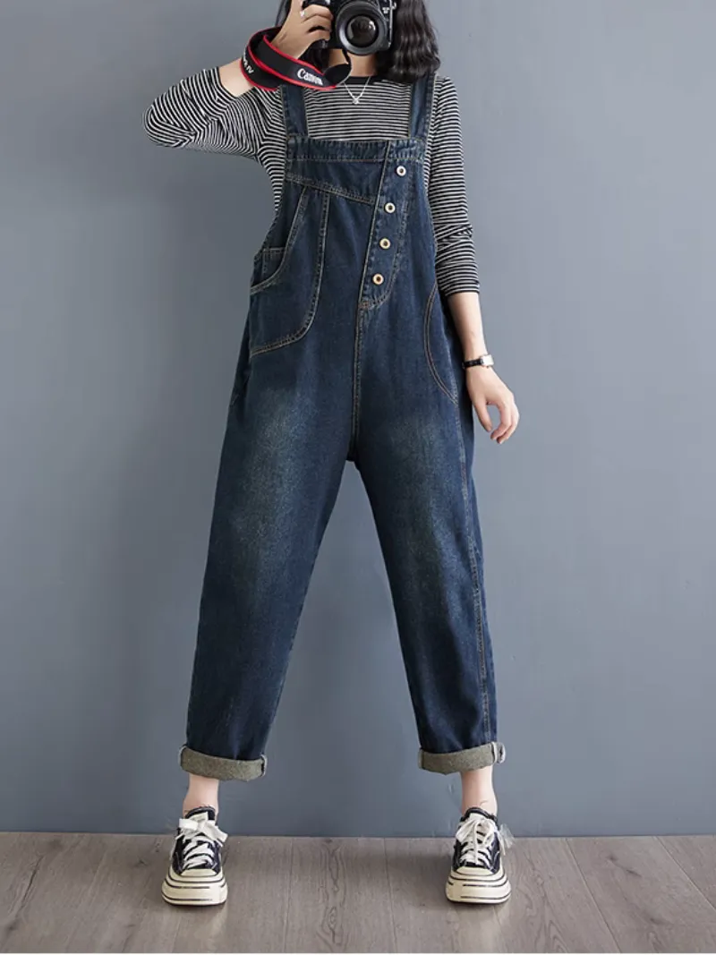 Women's Stylish Retro Print Denim Pocket Style Overalls Dungarees