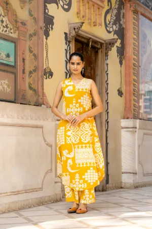 Yellow Ethnic Printed Belgium Linen Co-Ord Set